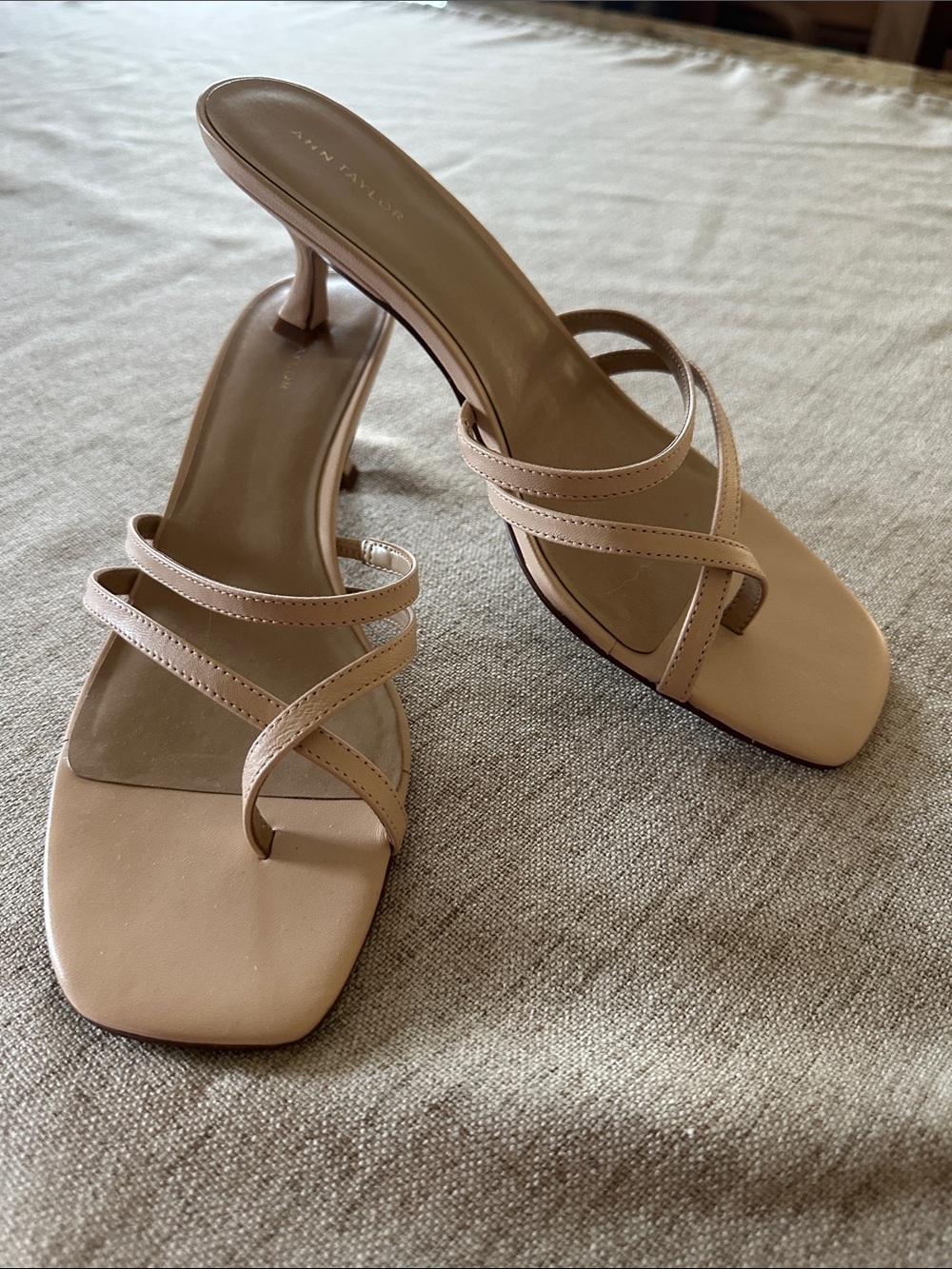 Ann Taylor Missy Nude Strappy Square-Toe Kitten Heel Mules, 8.5